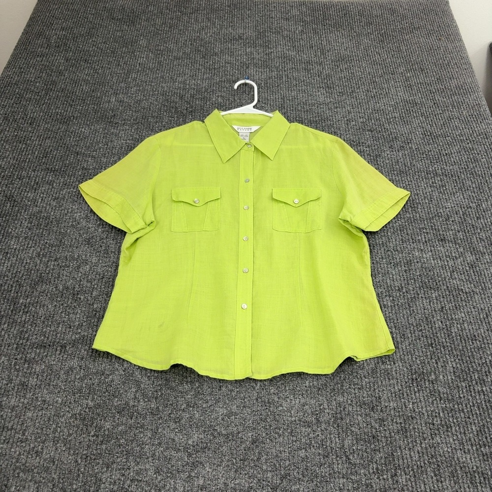 Allison Taylor Shirt Womens XL Lime Green Linen Button Up Short Sleeve Casual